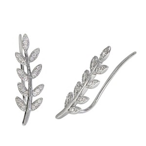 Sterling Silver Ear climber - Leaf with Cubic Zirconias